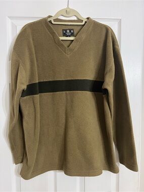 Vintage J. Riggins Fleece V-Neck Pullover Sweater Men Large Tan Olive Stripe